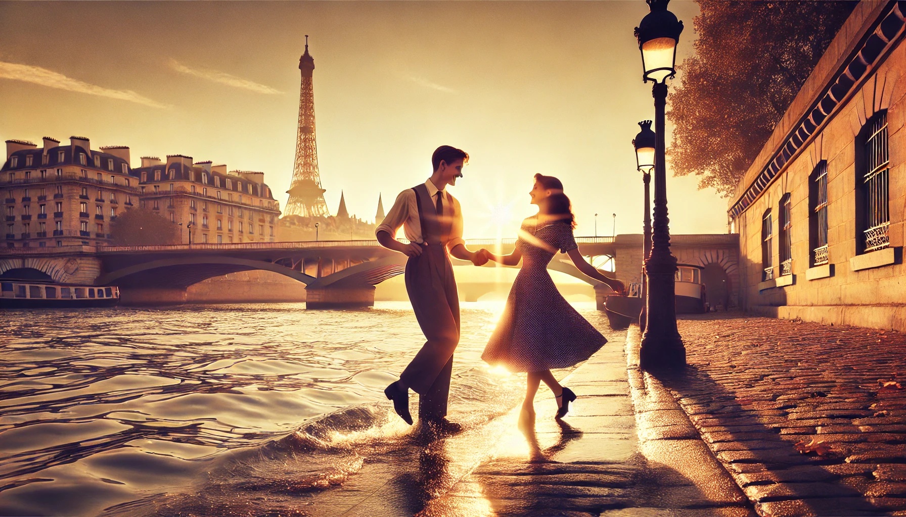 Couple dancing by the Seine